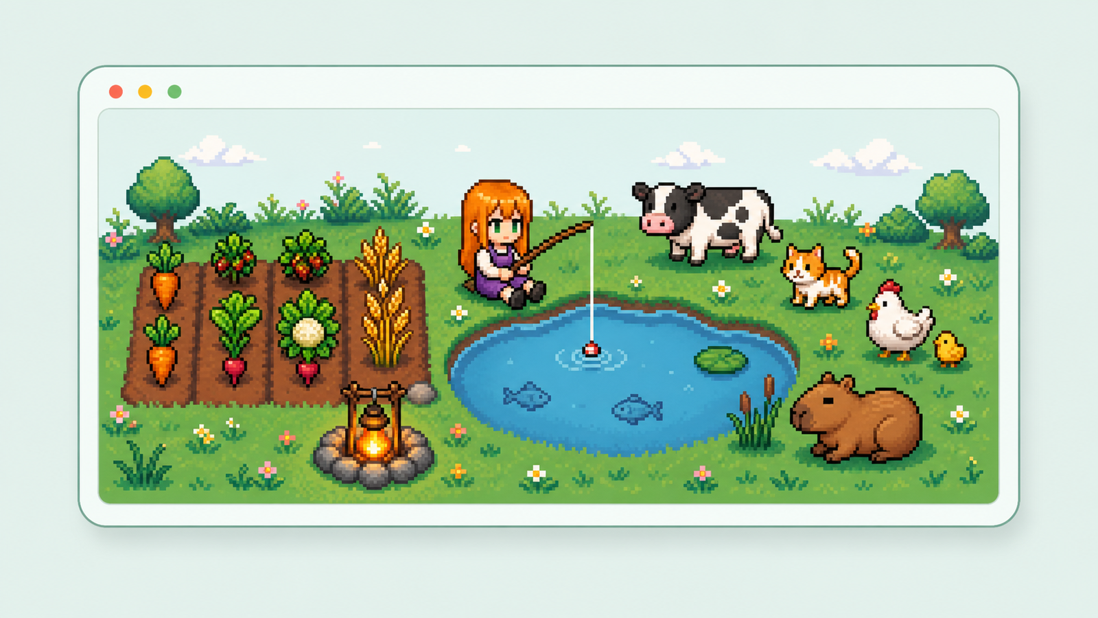 Tiny desktop slow-life app window with crops, fishing, and animals